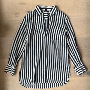J. Crew 100% Silk Button Up in Dark Grey and Cream Stripes